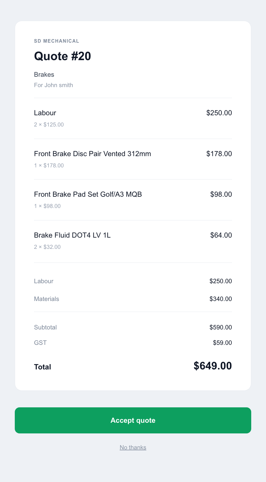 A customer accepting a quote from a link on their phone