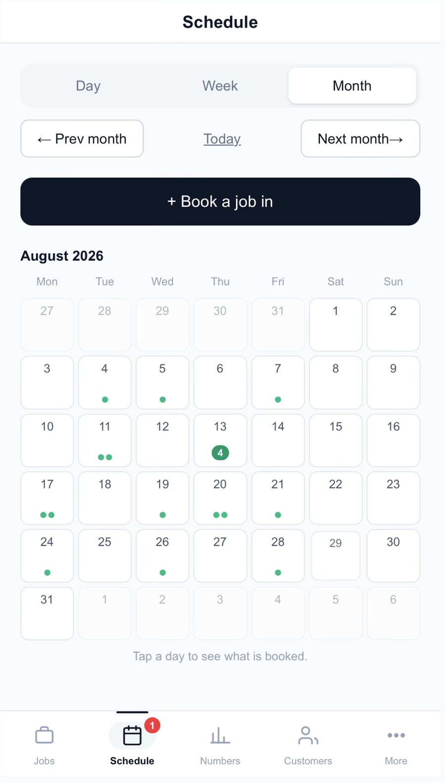 The month calendar with jobs booked across the month